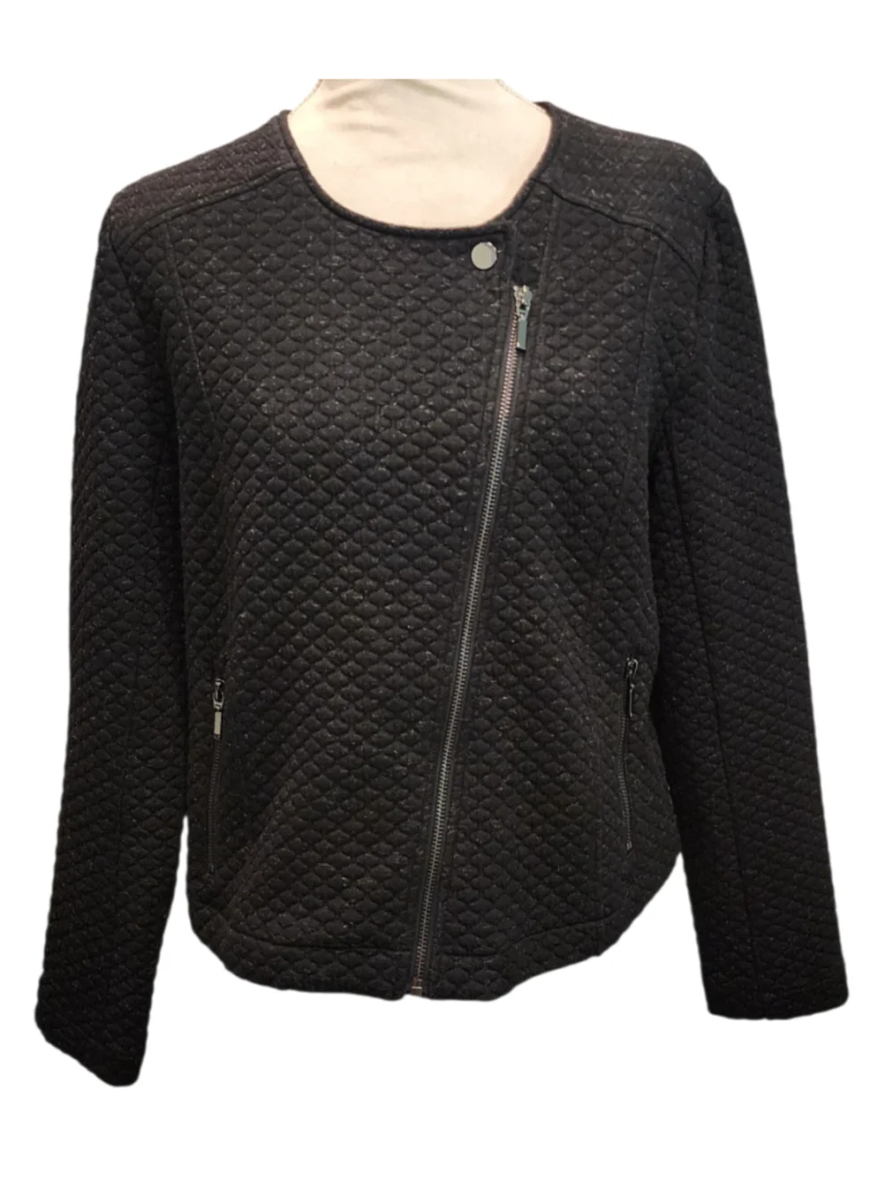 Lysse Quilted Moto Jacket Womens M Black Asymmetric Zip Textured Blazer Knit
